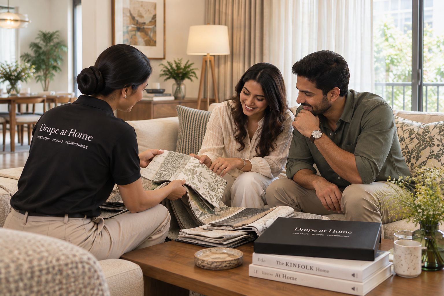 The Draper consultant showing fabric samples to a couple in their living room