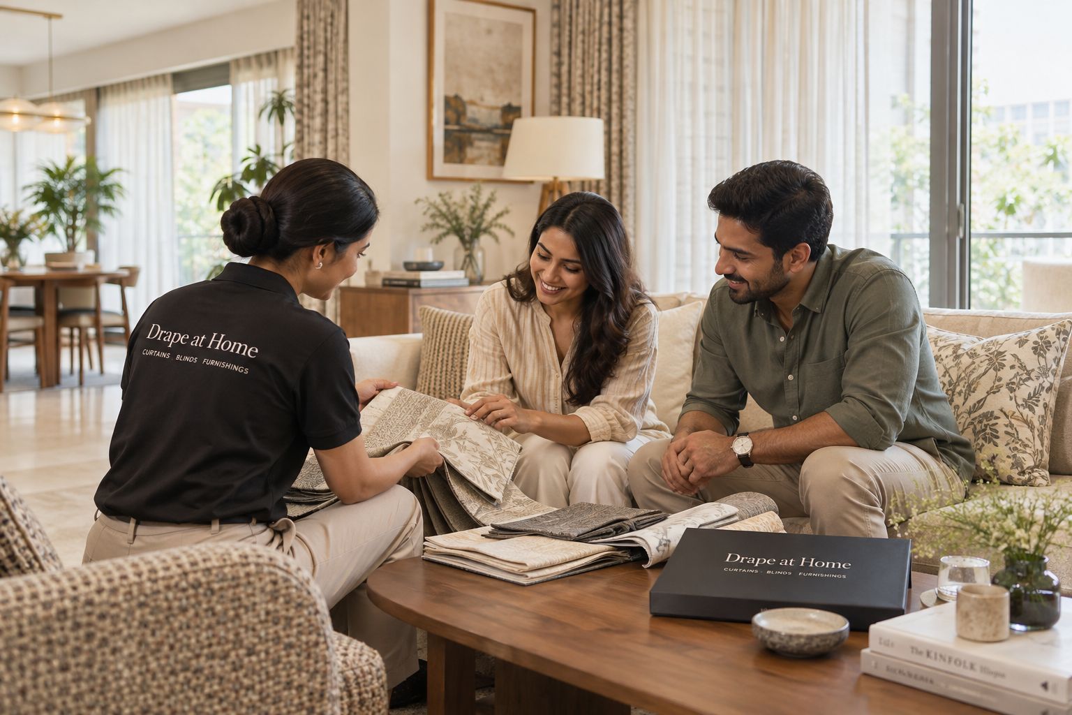 The Draper consultant showing curtain fabric samples to a couple at home