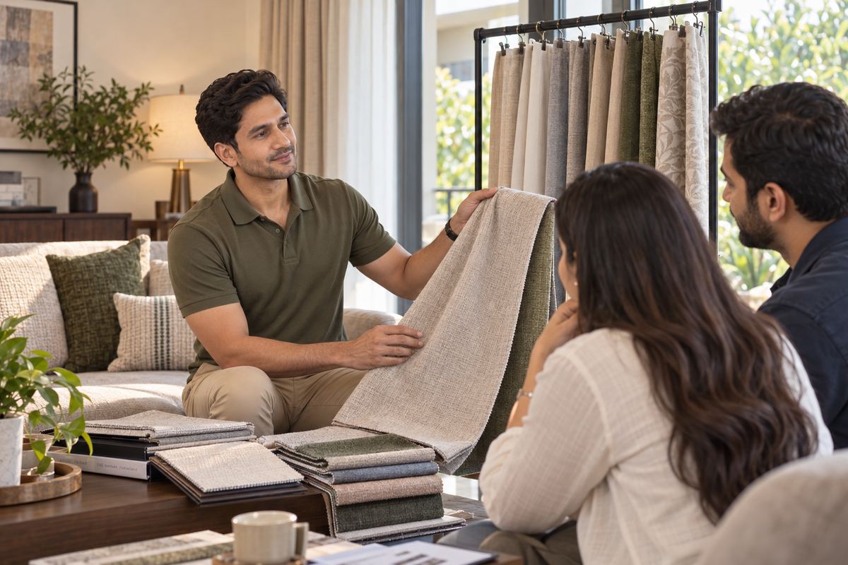Consultant showing fabric swatches to a couple at home