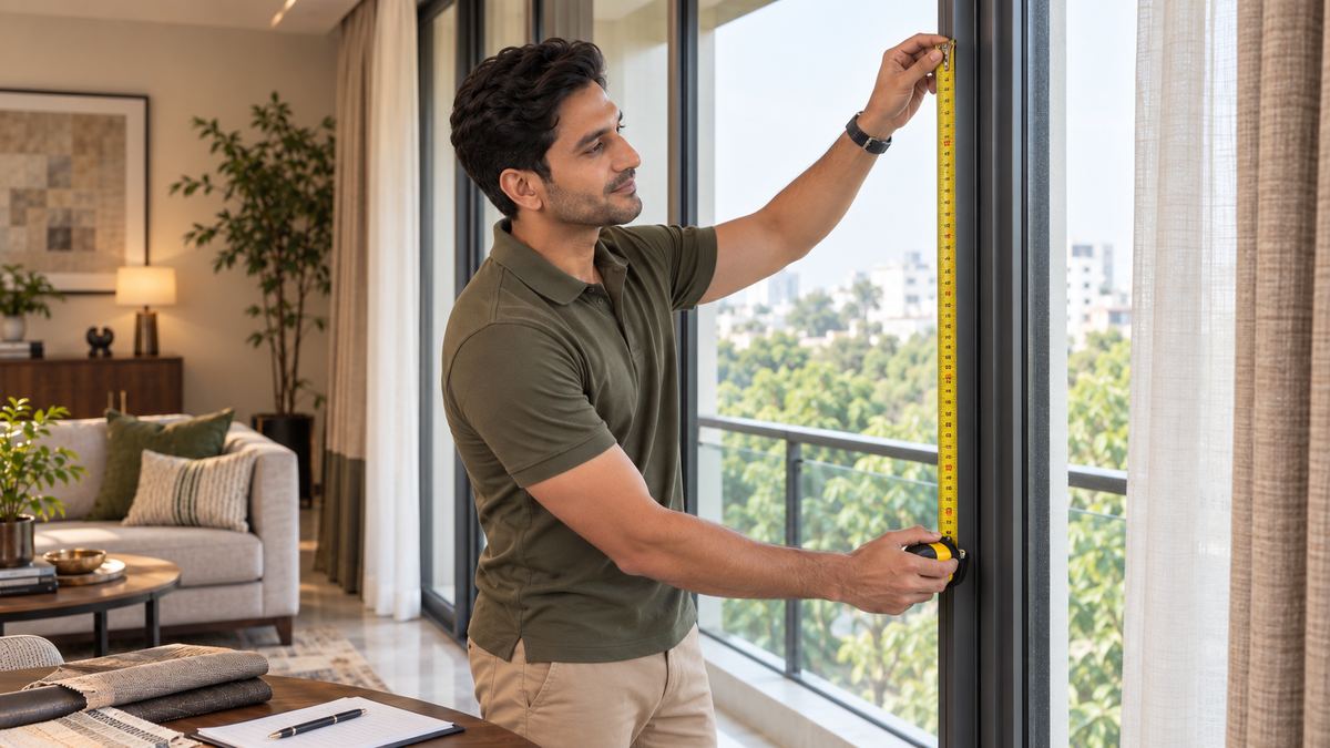 Consultant measuring a window for made-to-measure curtains in a Mysore home